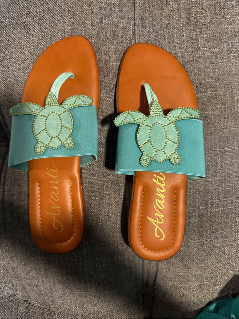 Avanti Turquoise Slide Sandals with Brown Footbed and Turtle Applique